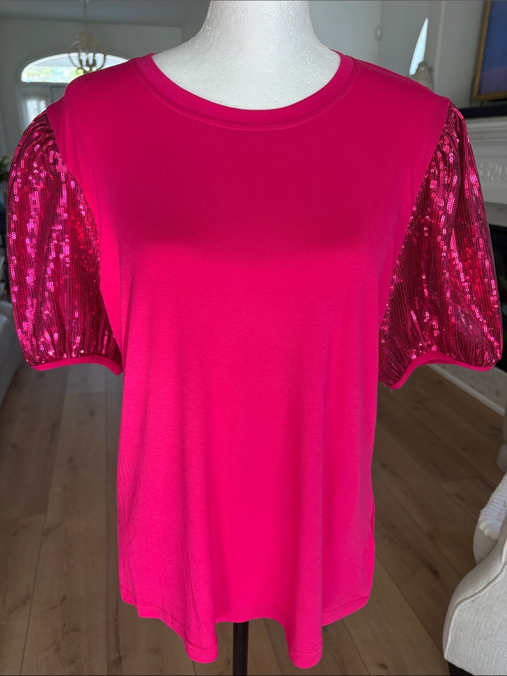 Women's Hot Pink Sequin Puff Sleeve Top